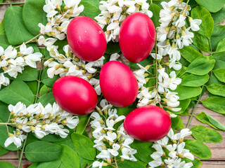 five eggs lie on the branch of a tree in front of white flowers