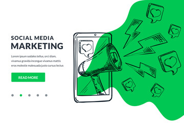 Loudspeaker and social media marketing symbols on smartphone screen on green abstract background. Advertisement, marketing, referral program business concept. Vector hand drawn sketch illustration