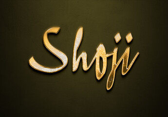 Old gold text effect of Japanese name Shoji with 3D glossy style Mockup.