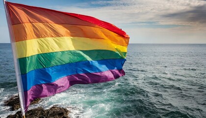 lgbt flag against ocean sea whater background, pride parade, lgbt pride month, fight against homophobia, tolerance, rally of many people