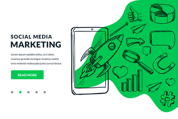 Rocket flying out smartphone screen and social media marketing symbols on green background. Advertisement, business technology and innovation strategy concept. Vector hand drawn sketch illustration