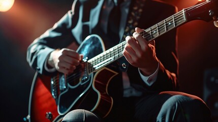 Fototapeta na wymiar Close up view of musician in stylish suit playing guitar on dark background