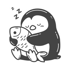 The penguin sleeps peacefully, holding a fish, its preferred meal. © Nattaya