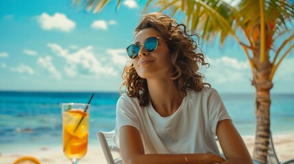 Close up of lovely woman in t-shirt wearing sunglasses and sitting at table enjoying fresh cocktail on the beach