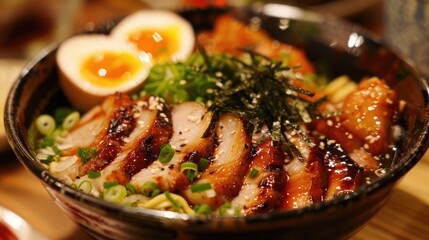 Caramelized pork is found on the top of a bowl of ramen