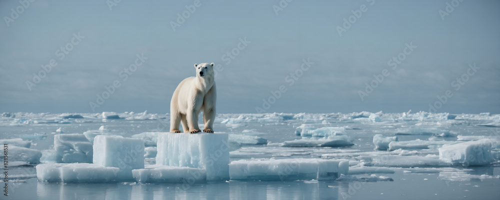 Wall mural Polar bear standing on block of ice surrounded by water in the arctic sea showcasing the ice melting. Highly detailed illustration