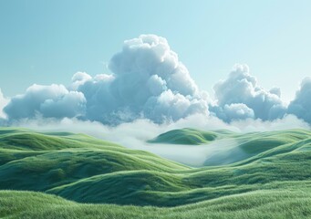 Green Hills and Blue Sky with White Clouds