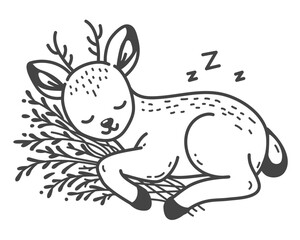 The deer sleeps peacefully, holding a grass, its preferred meal.