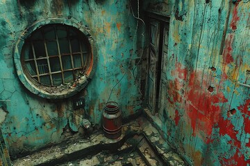 A weathered, abandoned room with a round window, peeling paint, and a rusted can.
