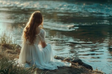 A woman in a white dress sitting by a body of water. Suitable for various outdoor and nature themes