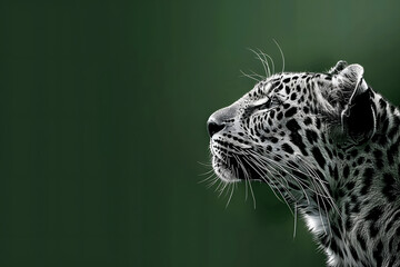 A black-and-white image of a leopard's profile, head tilted to the side, on a green background