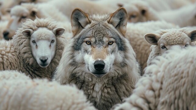An artistic depiction of a wolf among sheep, symbolizing bravery and cleverness. Suitable for various uses including articles, posters, and digital content.