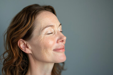 Fototapeta premium A close up of a woman's face with her eyes closed looking to a side