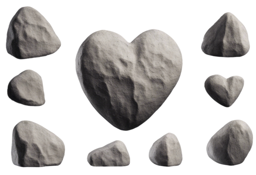 Set of heart shape rock isolated on transparent background