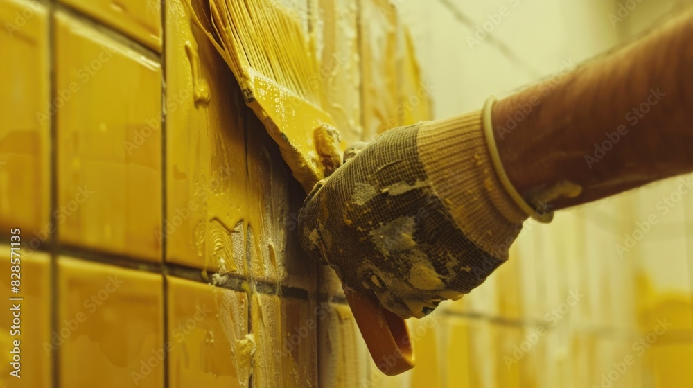 Poster a person's hand wearing a glove resting on a wall. suitable for various concepts and backgrounds