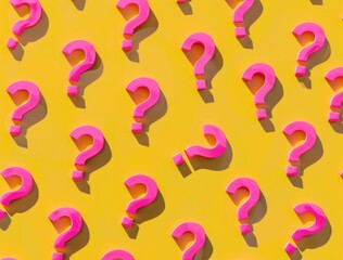 Pink question marks on yellow background with central question mark for travel, business, and beauty concepts