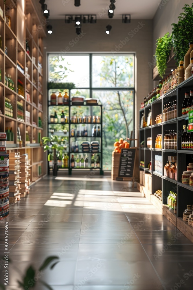 Poster a store with shelves stocked with various food items. ideal for food and grocery store concepts
