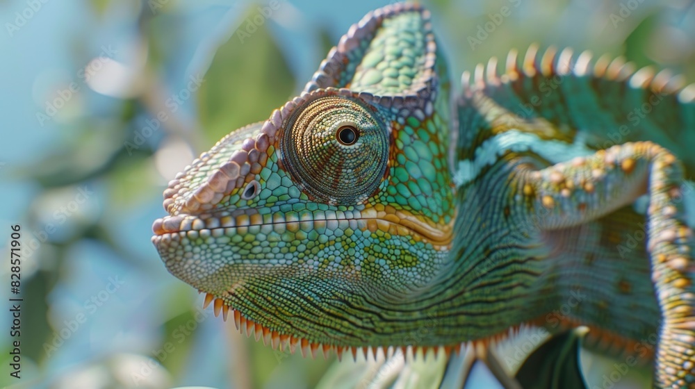 Poster a detailed view of a chameleon perched on a branch. suitable for nature and wildlife concepts