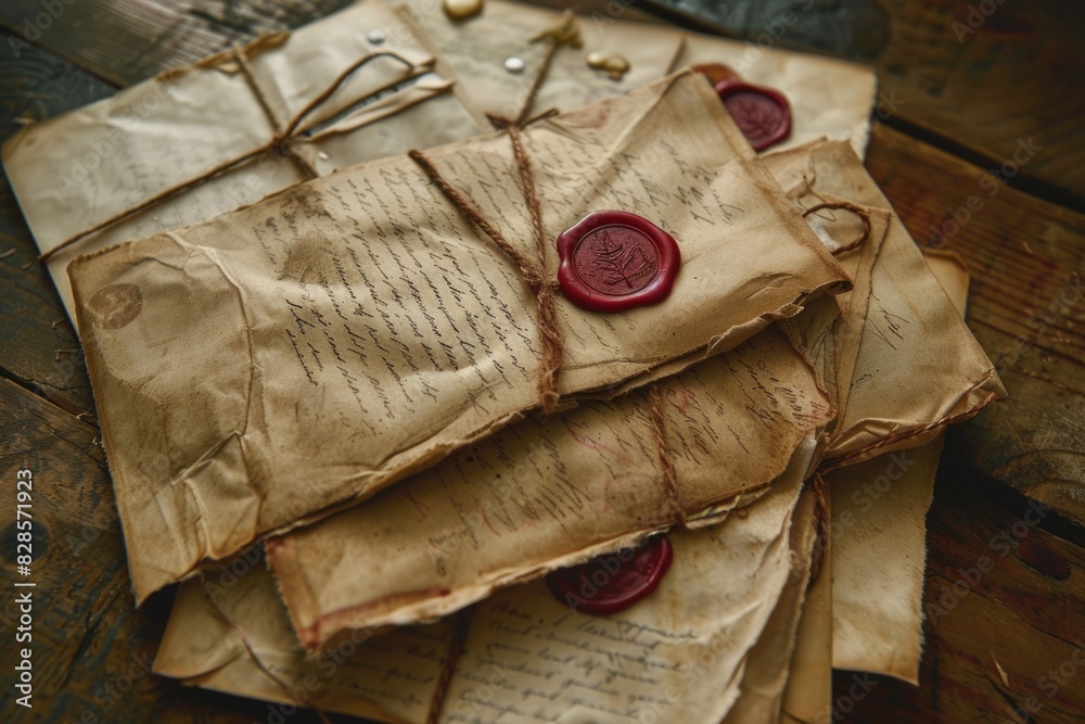 Poster stack of old letters on a table, suitable for vintage or nostalgia themes