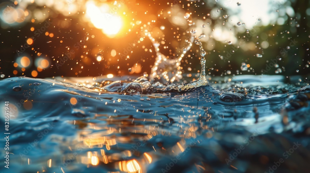 Poster close up view of water with sun shining in the background. perfect for nature and relaxation concept