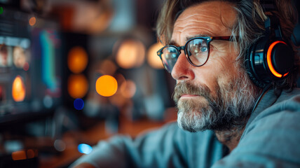 Fototapeta premium Lofi Lo-fi Scenery Photorealistic, a guy at his desk coding, cozy environment, computer guy with headphones coding illustration wallpaper