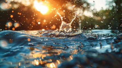 Close up view of water with sun shining in the background. Perfect for nature and relaxation concepts
