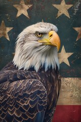 Majestic bald eagle with American flag in the background. Perfect for patriotic designs
