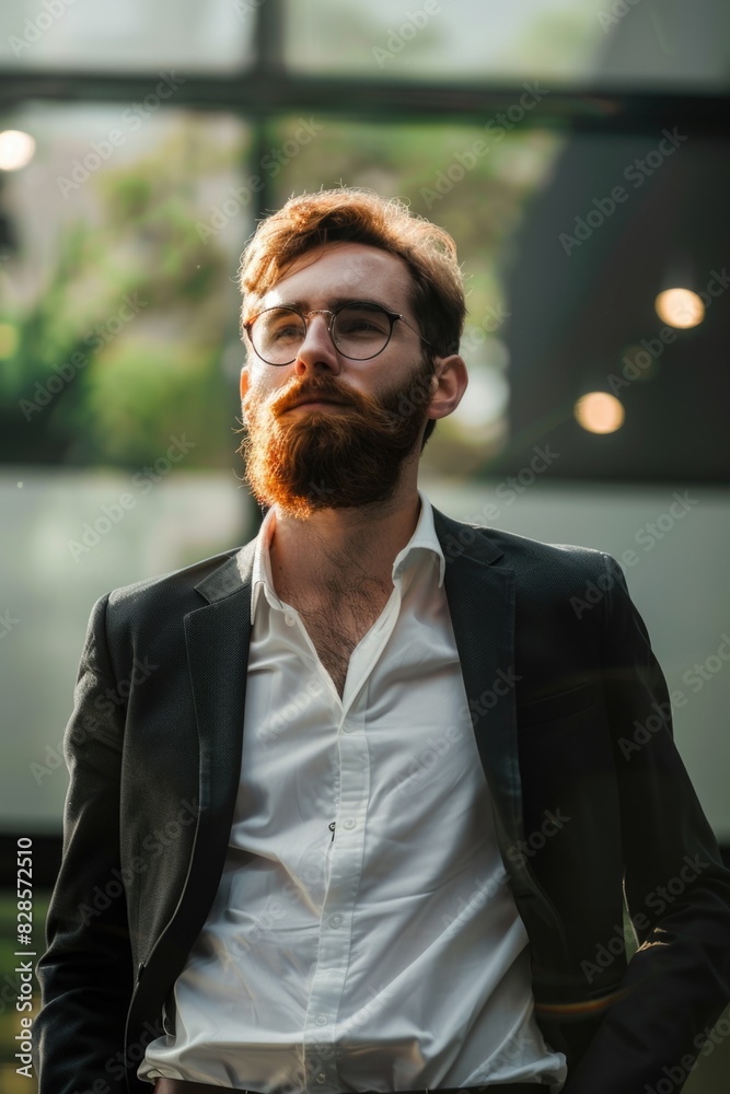 Poster a man with a beard and glasses standing by a window. suitable for business or lifestyle concepts