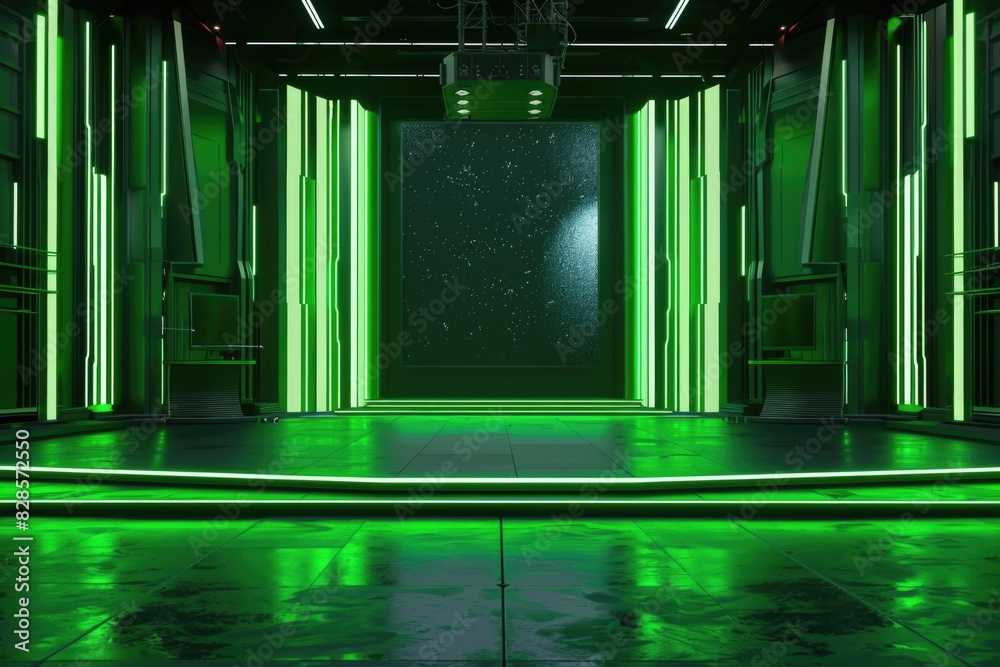 Poster an empty room illuminated by neon green lights. suitable for modern interior design concepts