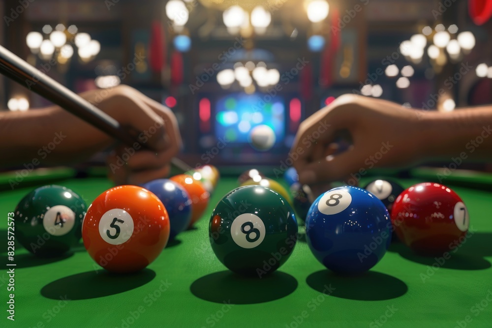 Poster image of a pool table with eight balls and a cue stick. suitable for sports and leisure concepts