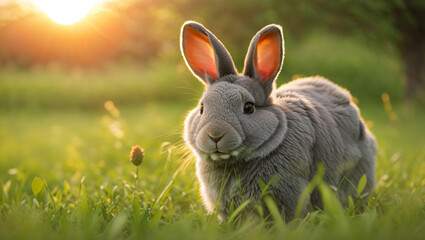 A gray rabbit is sitting in a green field at sunset.

 - Powered by Adobe