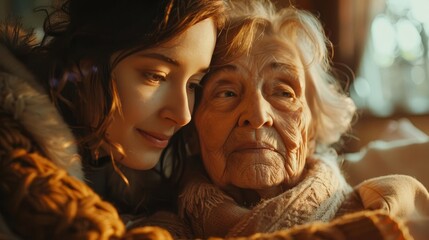 Obraz premium Compassionate caregiver helping an elderly woman with a gentle smile, both sitting in a cozy living room filled with warm light