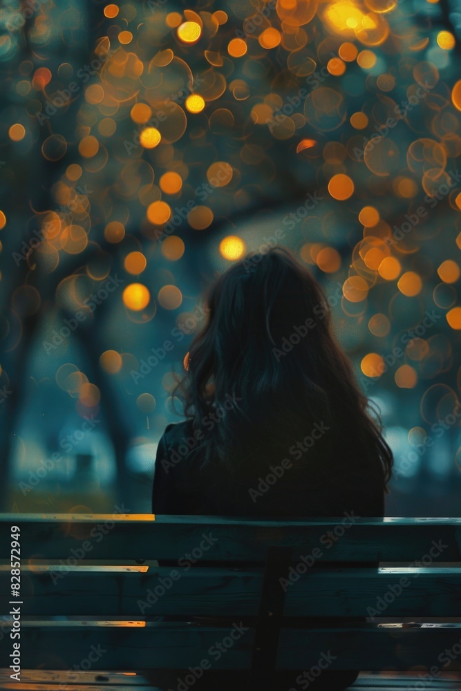 Poster a person sitting on a bench in front of a tree. suitable for lifestyle or nature concepts