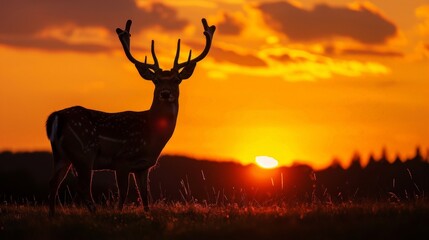 Majestic White Tail Deer Silhouette at Sunset - Beautiful Scenery Wallpaper with Antlers Gracefully Framed