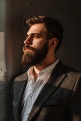 Fototapeta premium A man with a beard wearing a white shirt. Suitable for various business and casual concepts
