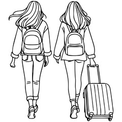 Two Girls Traveling with Luggage.