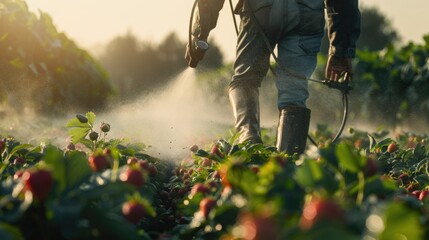 A man tending to strawberry plants in a field. Ideal for agricultural or farming concepts - Powered by Adobe