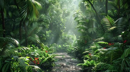 Dense tropical rainforest with a winding path, diverse wildlife, and the sounds of nature creating a peaceful ambiance