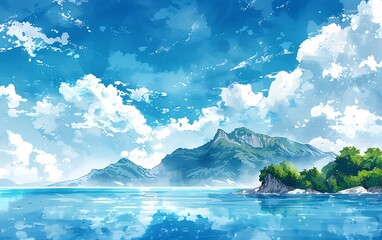 Beautiful Summer Seascape Watercolor Painting