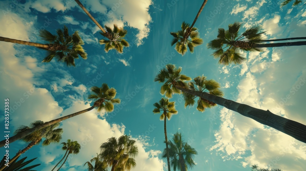 Poster beautiful palm trees with a clear blue sky in the background. suitable for travel and nature concept