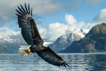 Fototapeta premium Majestic bald eagle soaring over a tranquil body of water. Suitable for nature and wildlife themes
