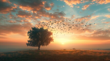 Fototapeta premium Birds flying over a tree on a hill, suitable for nature themes