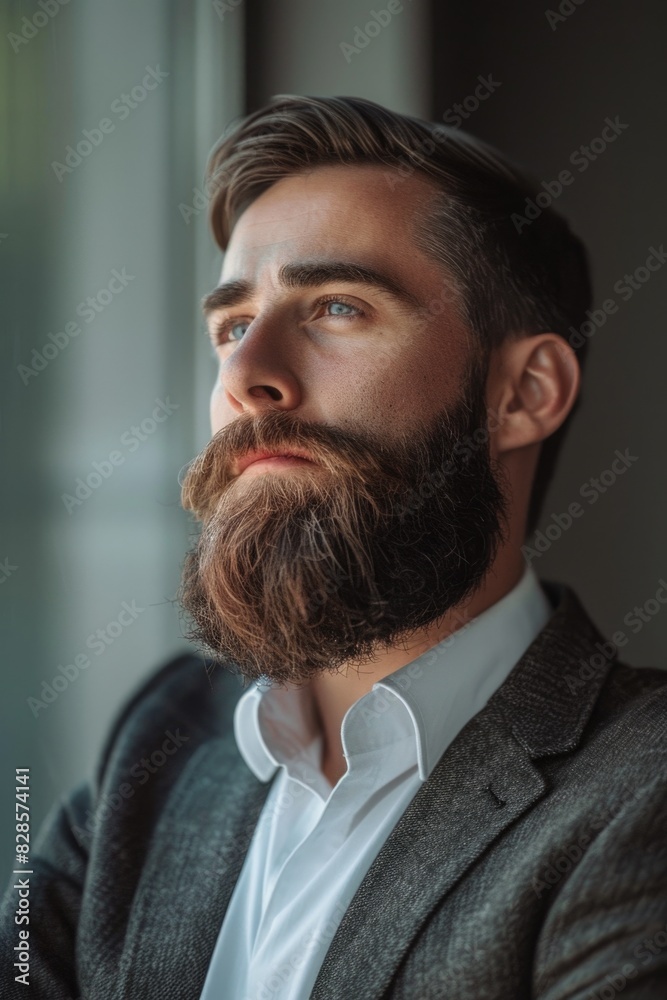 Poster A detailed shot of a man with a beard. Suitable for various concepts and projects