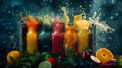 A delivery box filled with colorful, freshly pressed juices. Dynamic and dramatic composition, with cope space