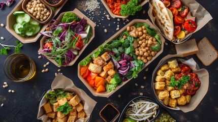 A variety of vegan dishes delivered in a neatly arranged package. Dynamic and dramatic composition, with cope space