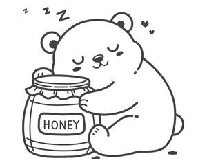 The bear sleeps peacefully, holding a honey jar, its preferred meal.