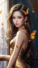 Fototapeta premium Golden Enchantment: Butterflies Dance Around a Vision in Gold