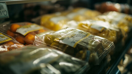A detailed shot of nutritional labels on delivered food packages. Dynamic and dramatic composition, with cope space