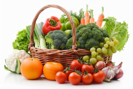 Fresh organic frbroccoli, grocery, lettuce, tomato, vegetable, carrot, ingredient, basket, cabbage, detox, wicker, food, fruit, organic, buy, crop, cut out, full, huits and vegetables in wicker basket