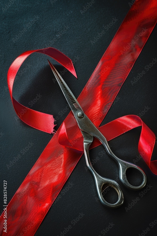 Canvas Prints A pair of scissors on top of a red ribbon. Suitable for crafts and holiday projects